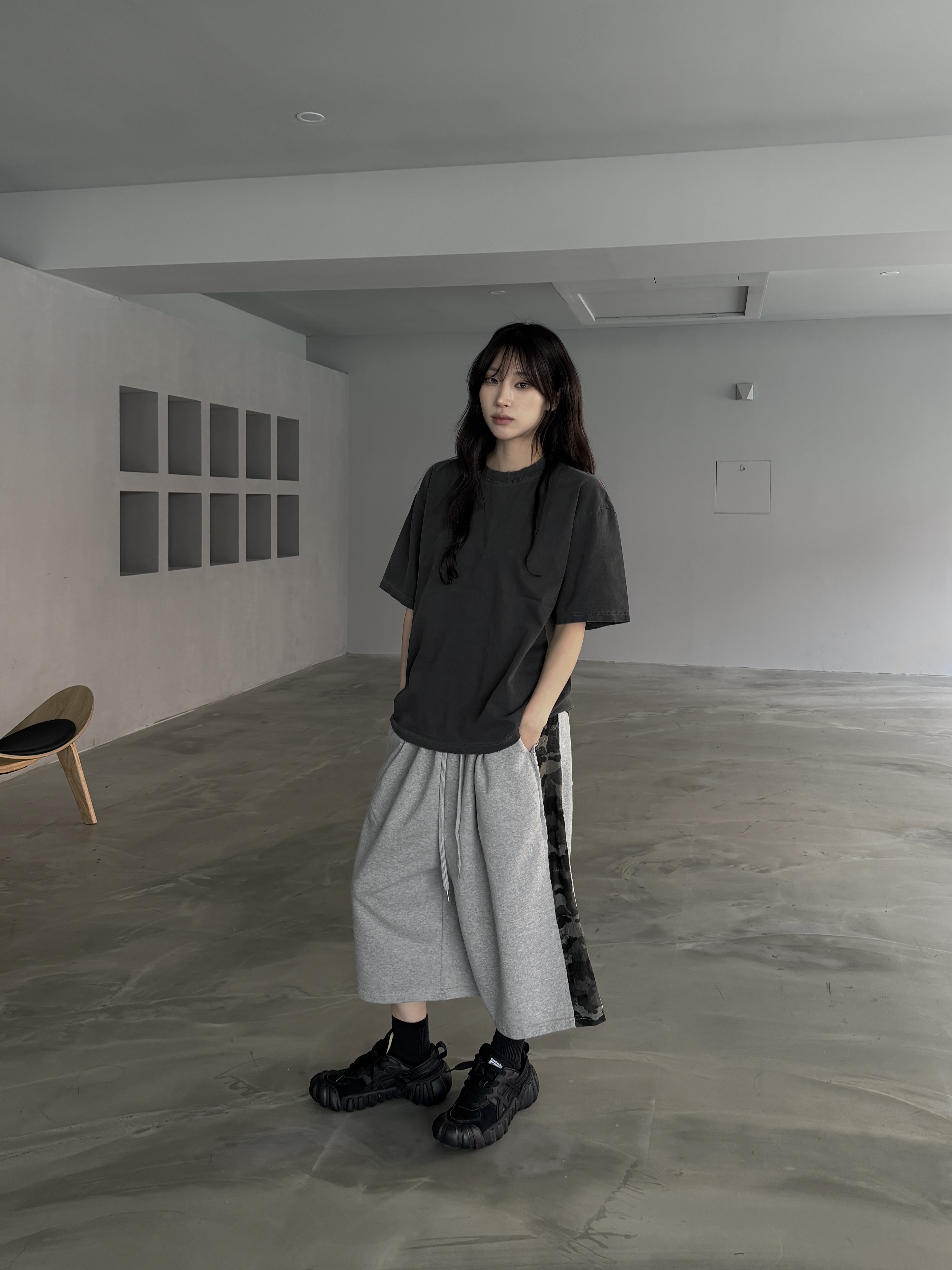 側破壞 迷彩拼接 七分寬鬆棉短褲