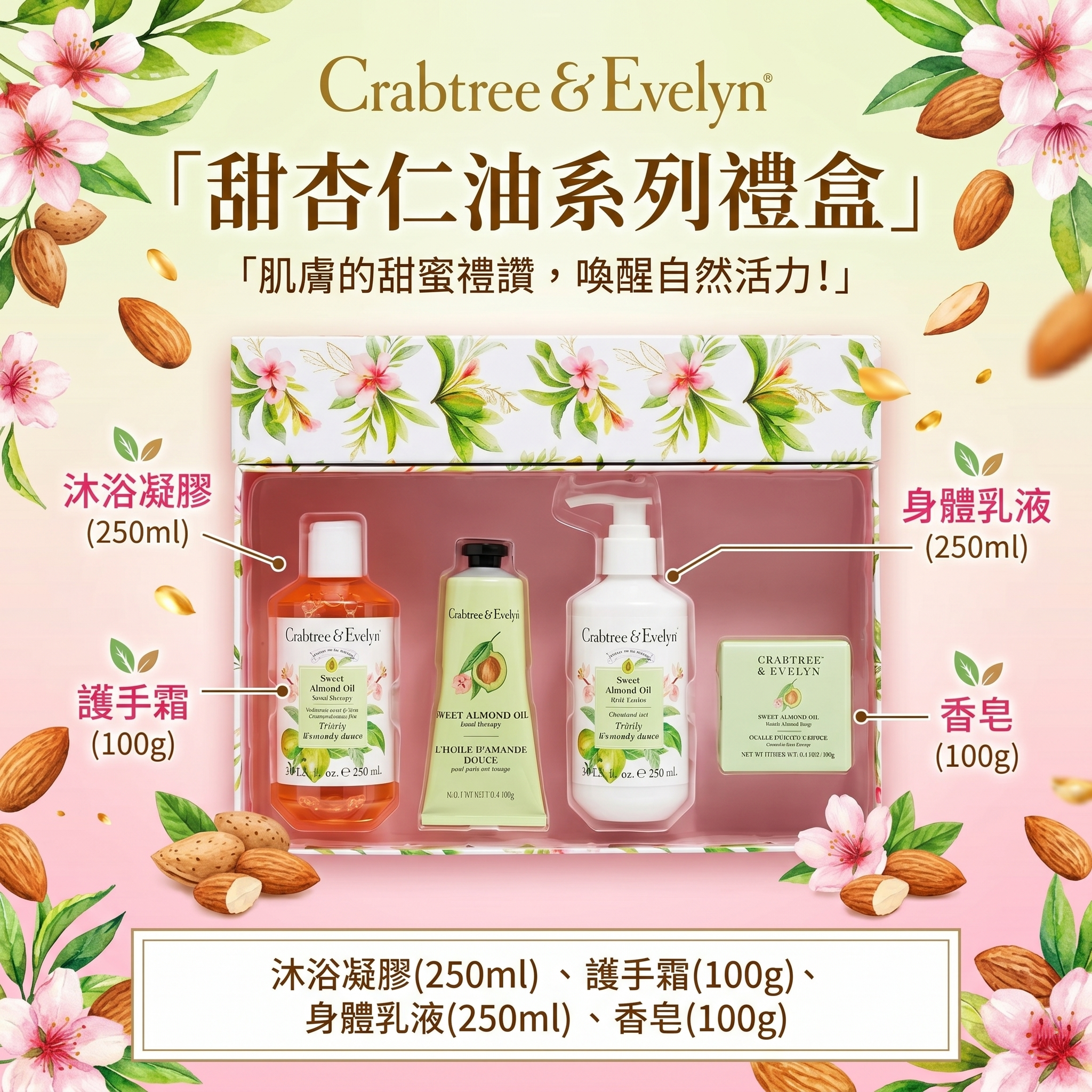 【預購】CRABTREE & EVELYN H051333 甜杏仁佳節護理禮盒 - 四件組