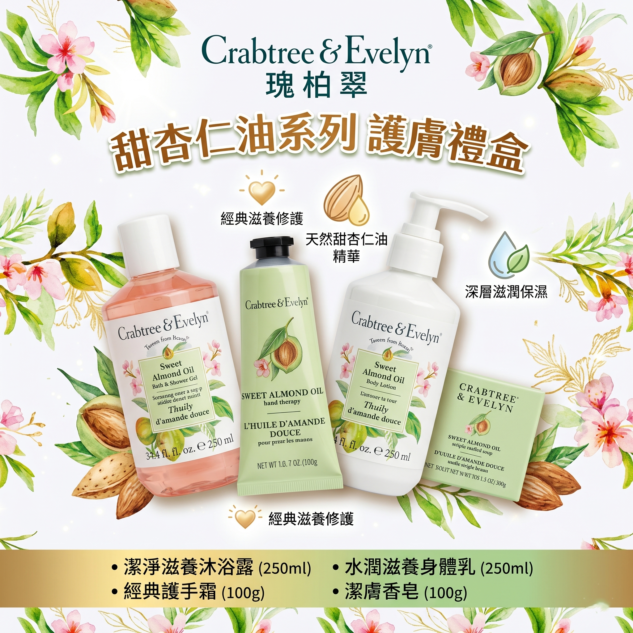 【預購】CRABTREE & EVELYN H051333 甜杏仁佳節護理禮盒 - 四件組