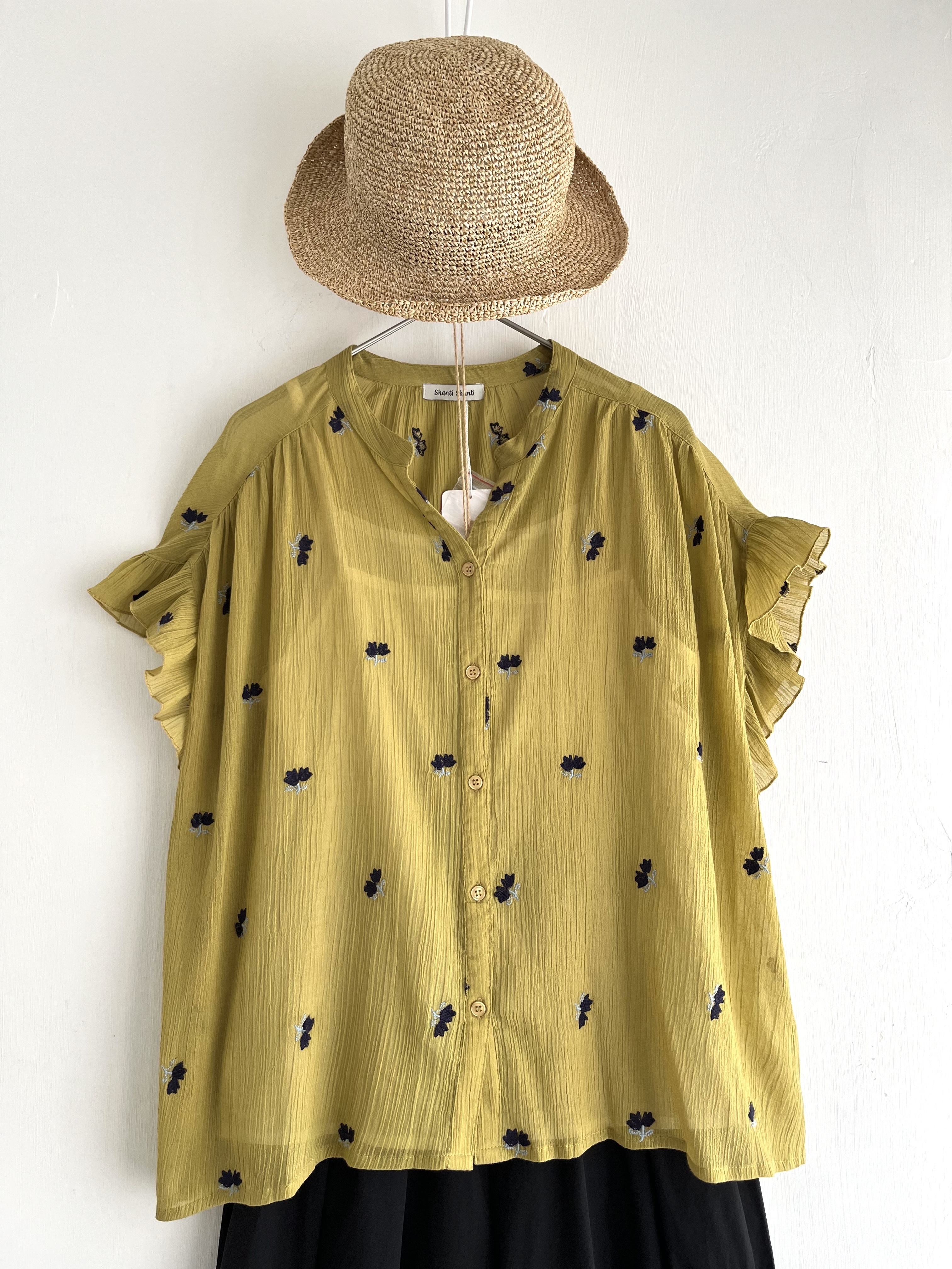 Shanti Shanti芥末黃色刺繡皺皺布top