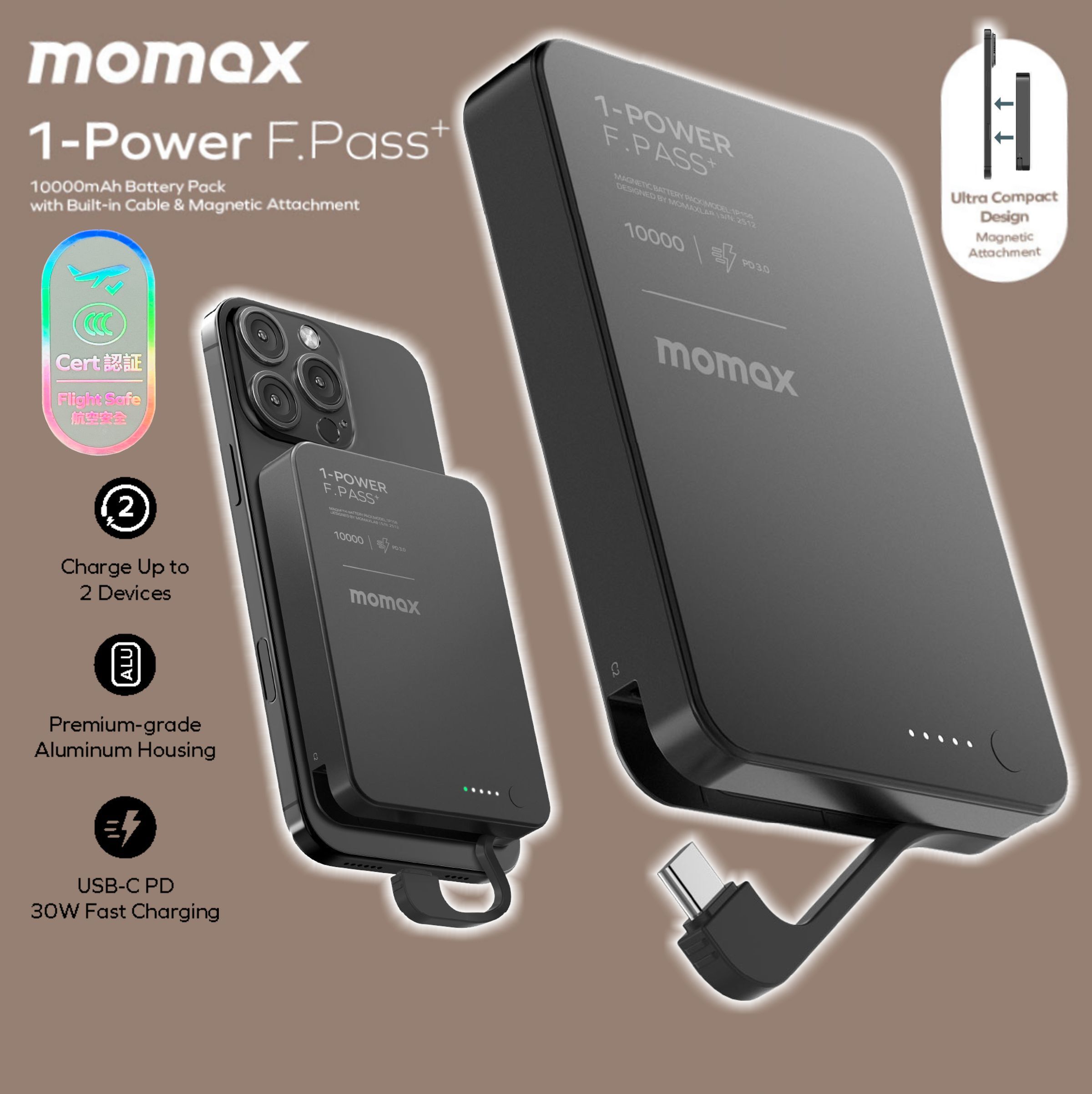 MOMAX 1-Power F.Pass+ 10000mAh 磁力帶線流動電源 黑色 #IP158D《CCC認證》《香港行貨》《2年保養》