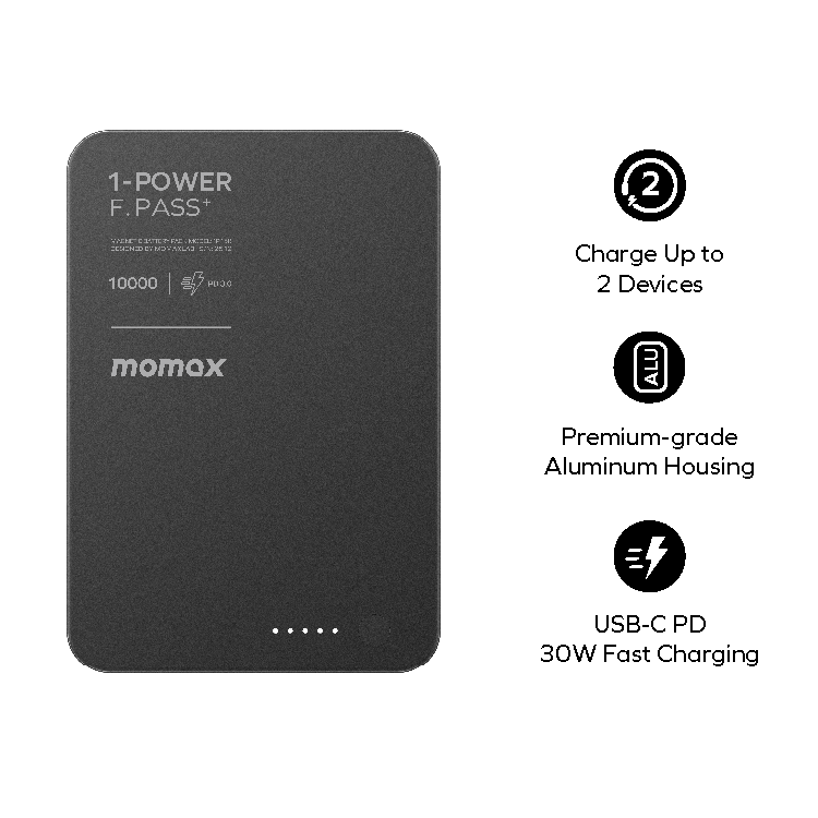 MOMAX 1-Power F.Pass+ 10000mAh 磁力帶線流動電源 黑色 #IP158D《CCC認證》《香港行貨》《2年保養》