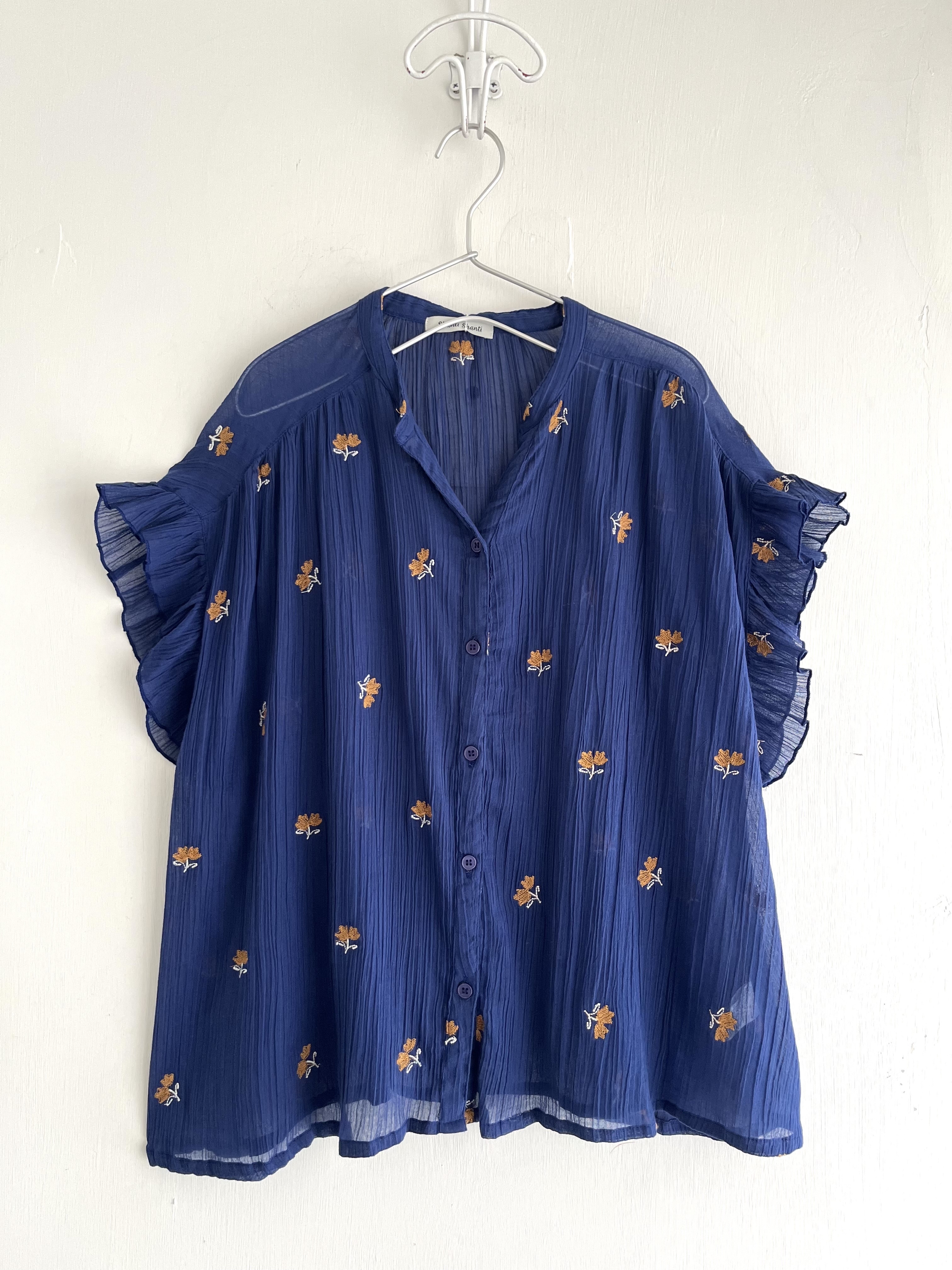 Shanti Shanti藍色刺繡皺皺布top