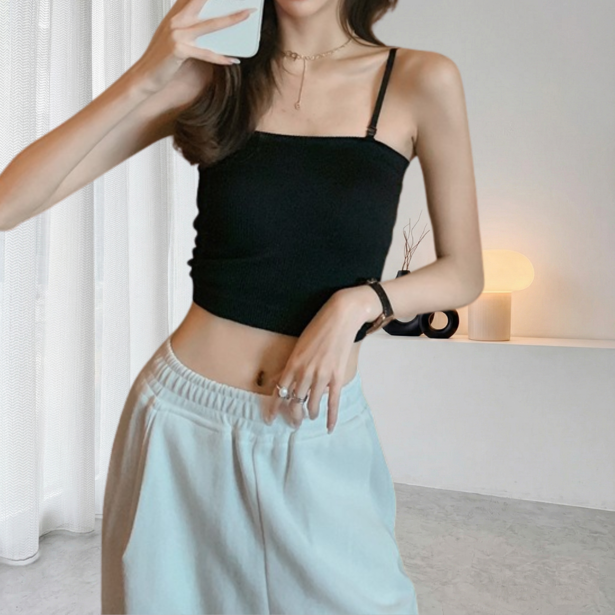 【極簡美感】百搭彈力螺紋平口細肩帶小可愛