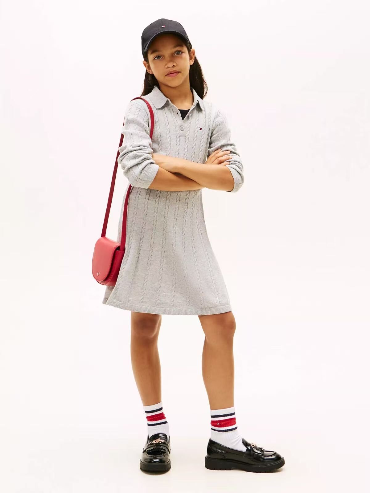 【預購】Tommy Hilfiger H051362 女童灰色麻花織針Polo連身裙