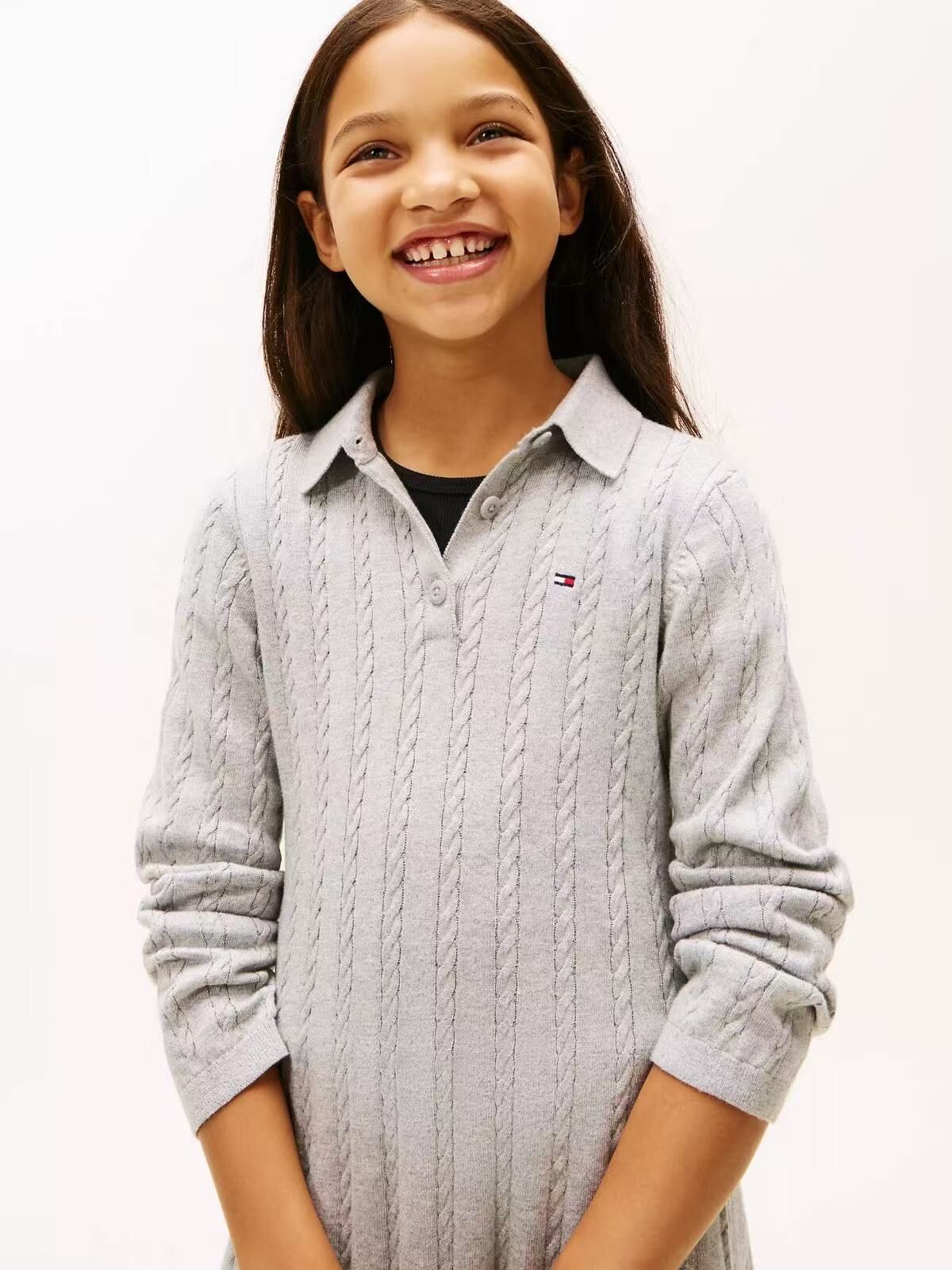 【預購】Tommy Hilfiger H051362 女童灰色麻花織針Polo連身裙