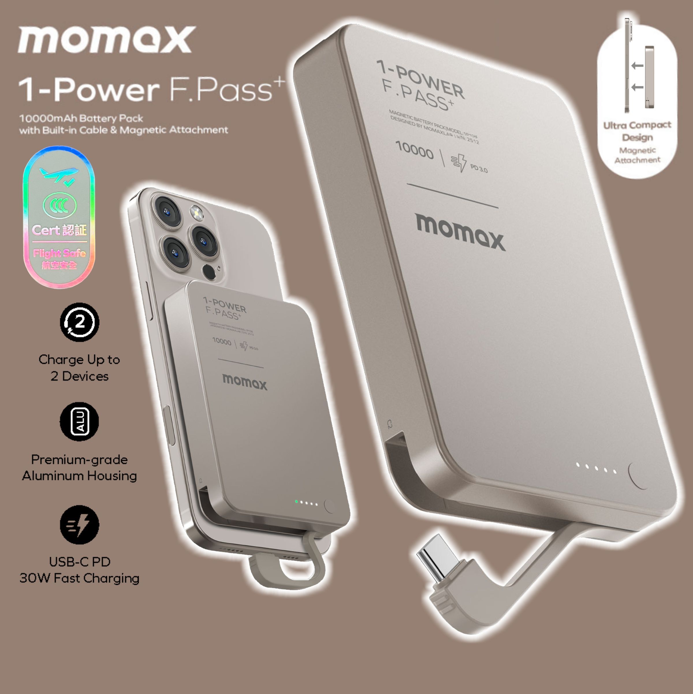 MOMAX 1-Power F.Pass+ 10000mAh 磁力帶線流動電源 鈦色 #IP158L《CCC認證》《香港行貨》《2年保養》