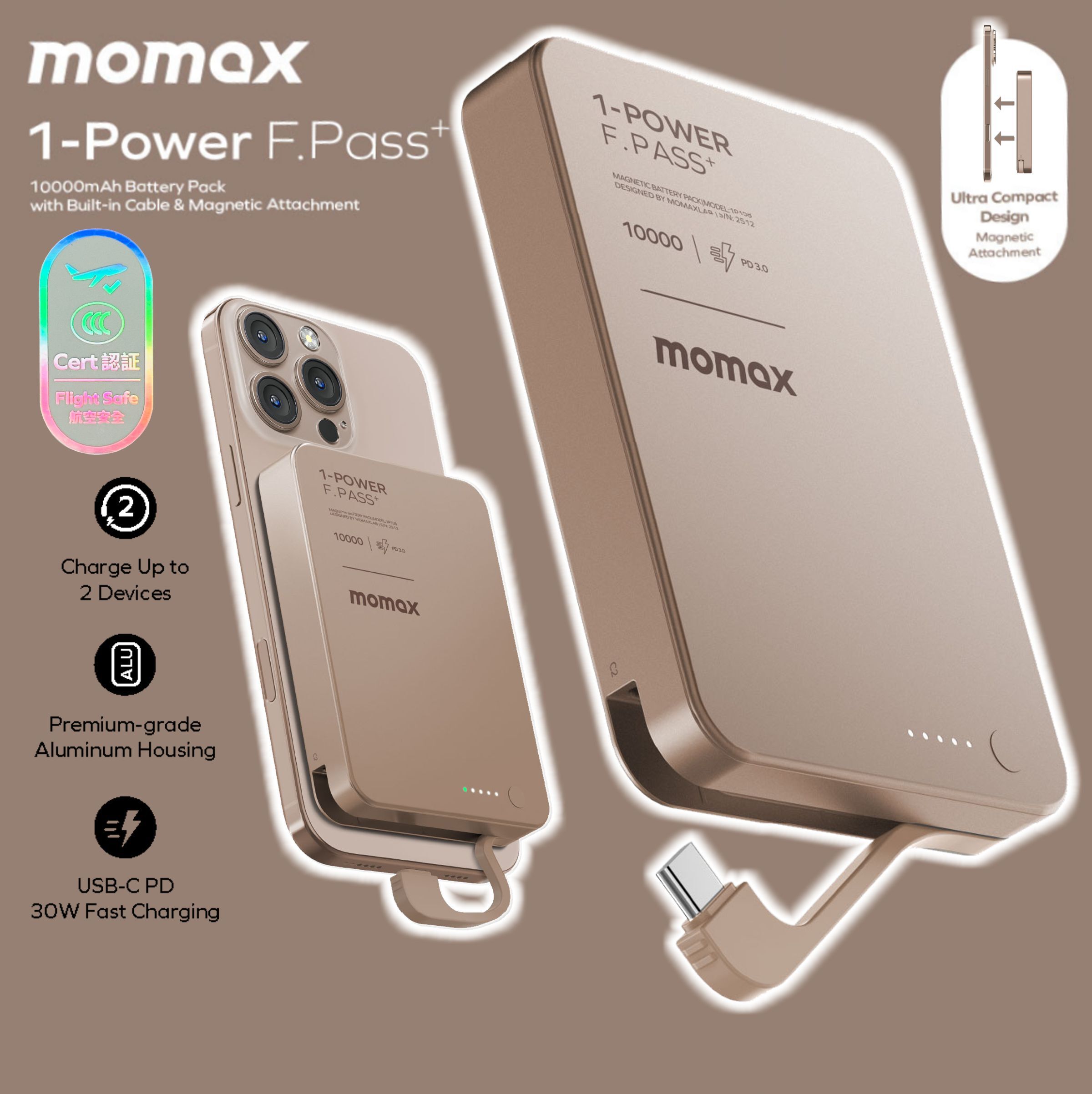 MOMAX 1-Power F.Pass+ 10000mAh 磁力帶線流動電源 砂金 #IP158L2《CCC認證》《香港行貨》《2年保養》