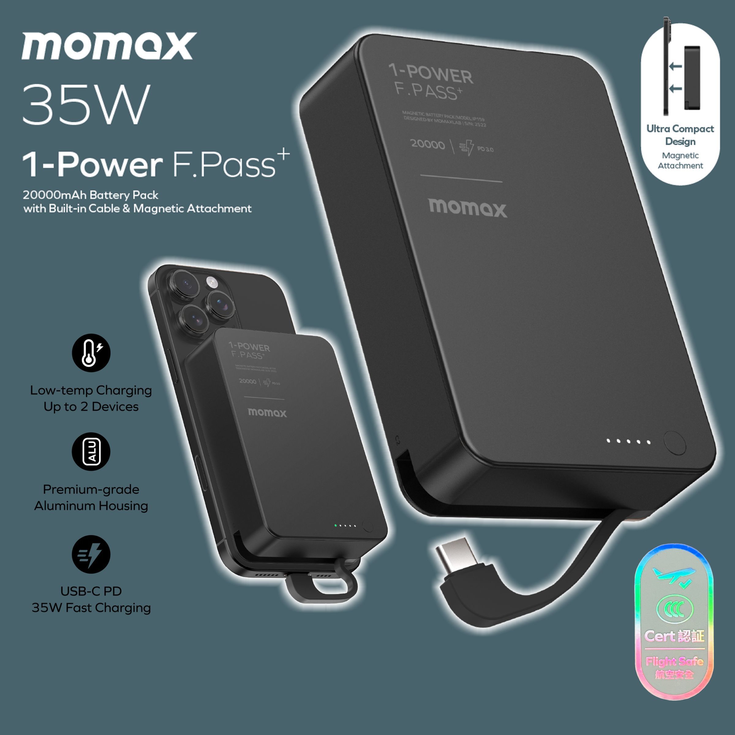 MOMAX 1-Power F.Pass+ 20000mAh 磁力帶線流動電源 黑色 #IP159D《CCC認證》《香港行貨》《2年保養》