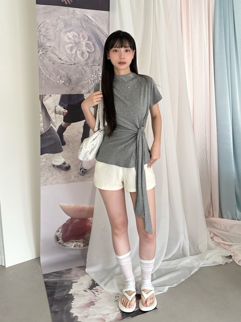 meno!腰線look 簡約立領綁腰短袖上衣