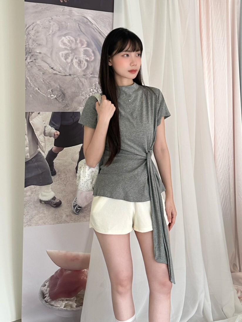 meno!腰線look 簡約立領綁腰短袖上衣