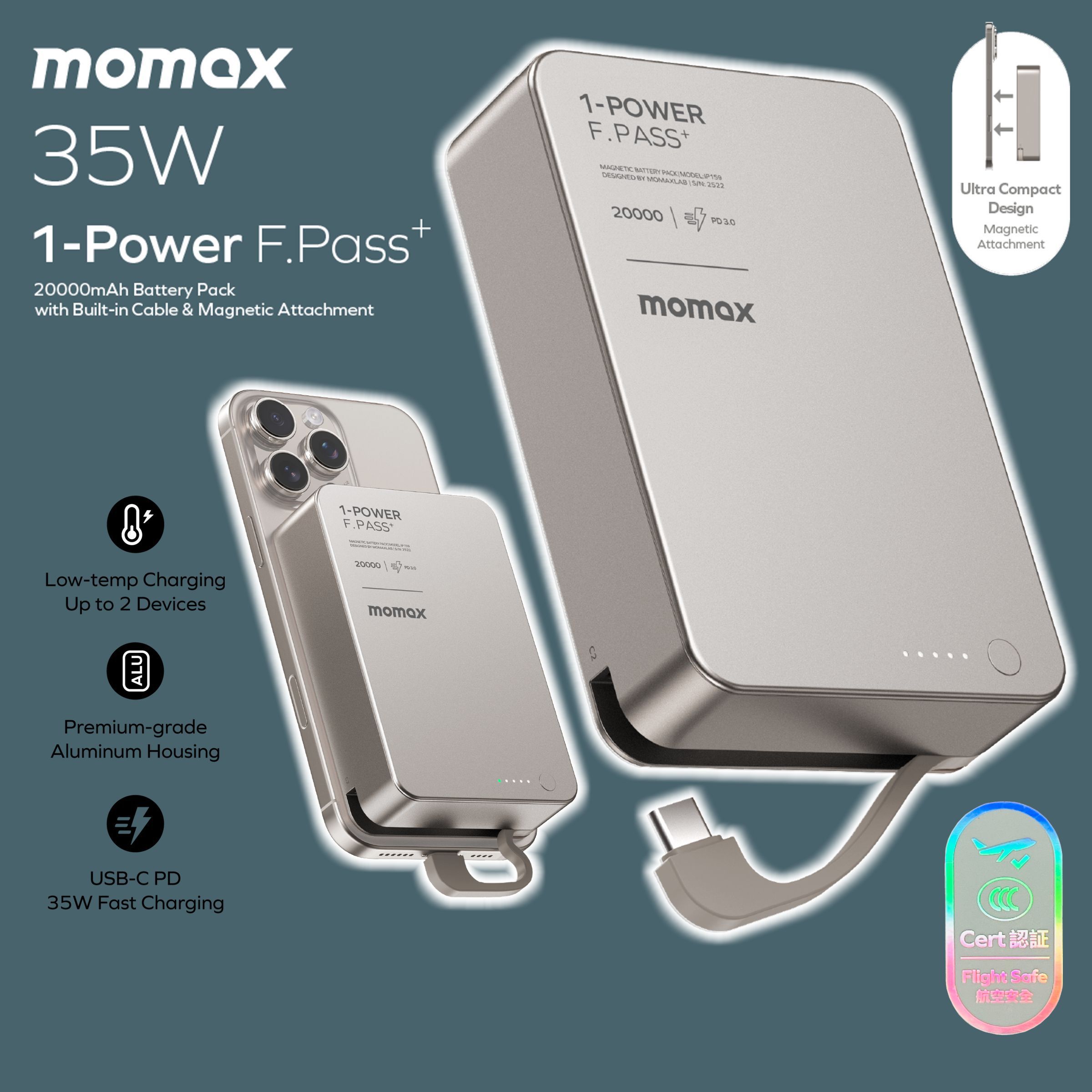 MOMAX 1-Power F.Pass+ 20000mAh 磁力帶線流動電源 鈦色 #IP159L《CCC認證》《香港行貨》《2年保養》