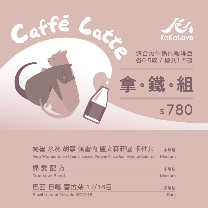 拿鐵組：巴西 喜拉朵+祕魯 聖文森 卡杜拉 + 榛愛 配方，共1.5磅