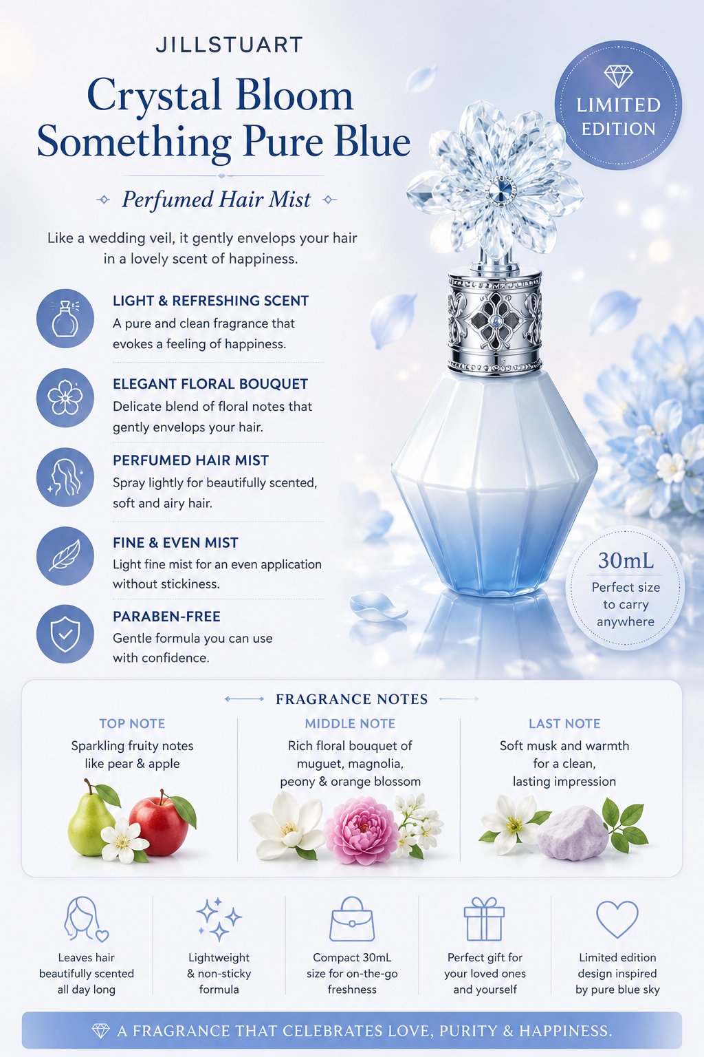 JP637 Crystal Bloom Something Pure Blue Perfumed Hair Mist (30ml)