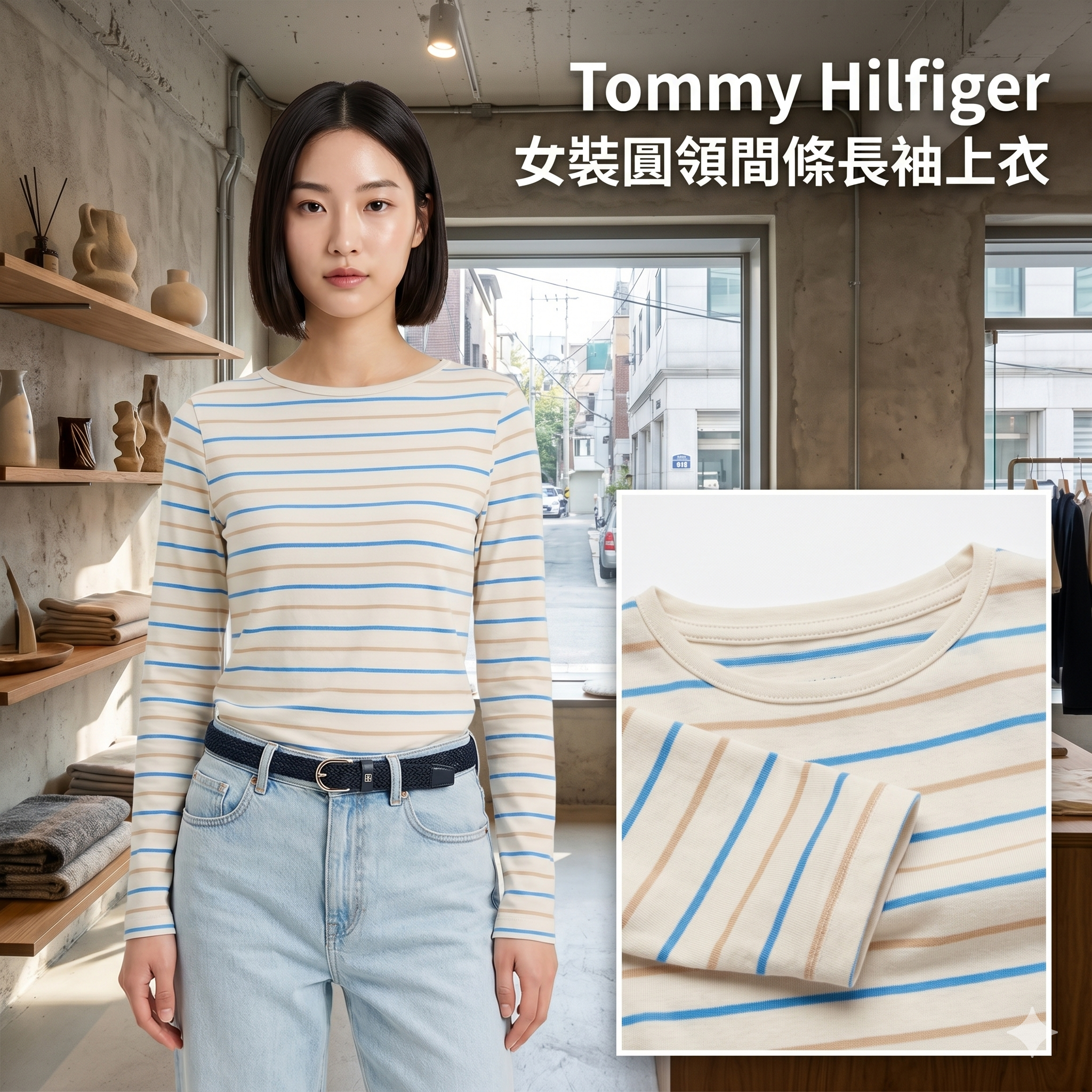 【預購】Tommy Hilfiger H051334 女裝圓領間條長袖上衣