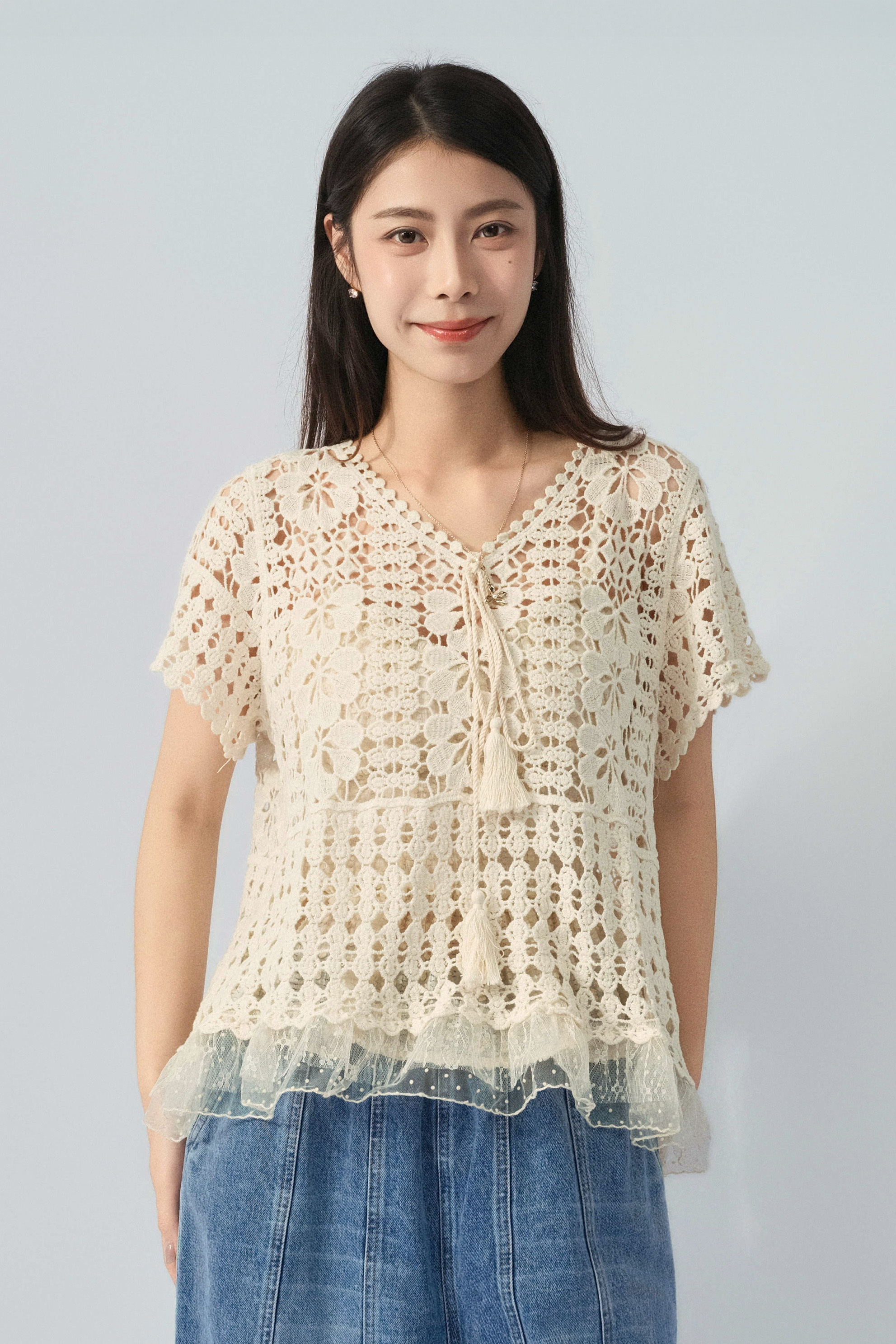 蝴蝶結鈎花網紗腳上衣（預購產品）
