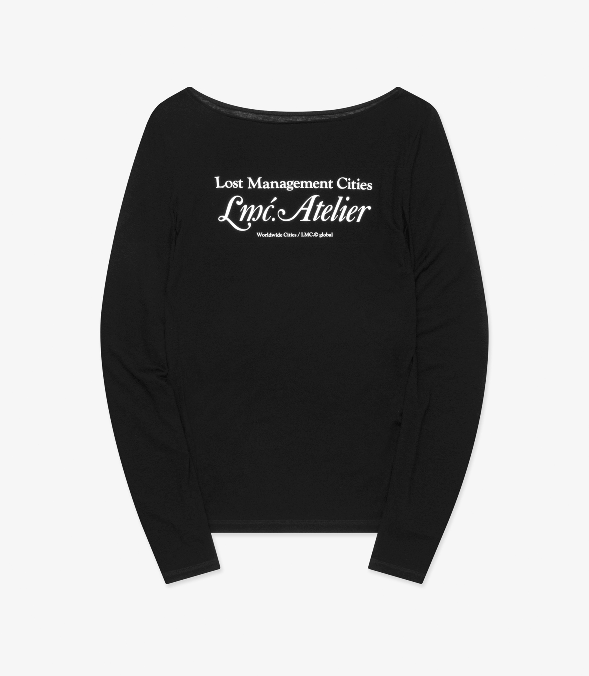 LMC 女款長袖復古字體透膚上衣(黑色)
