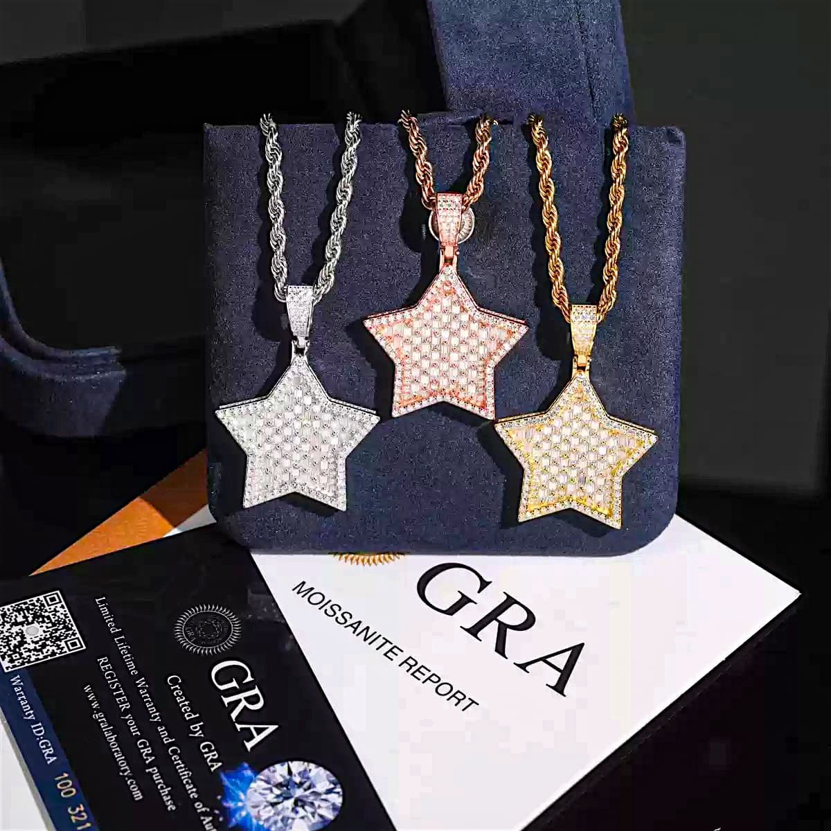 925純銀莫桑石T方混鑲星星墜飾