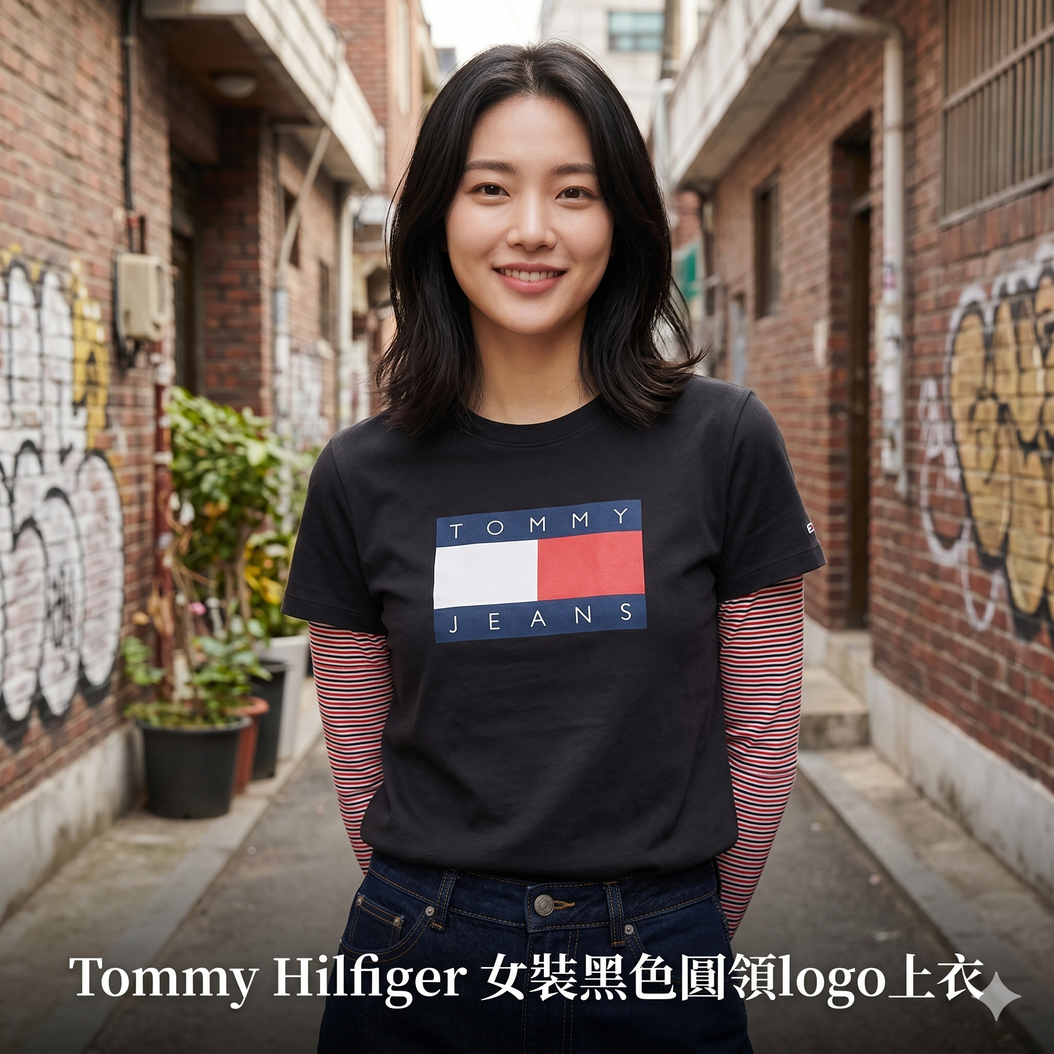 【預購】Tommy Hilfiger H051338 女裝黑色圓領logo上衣