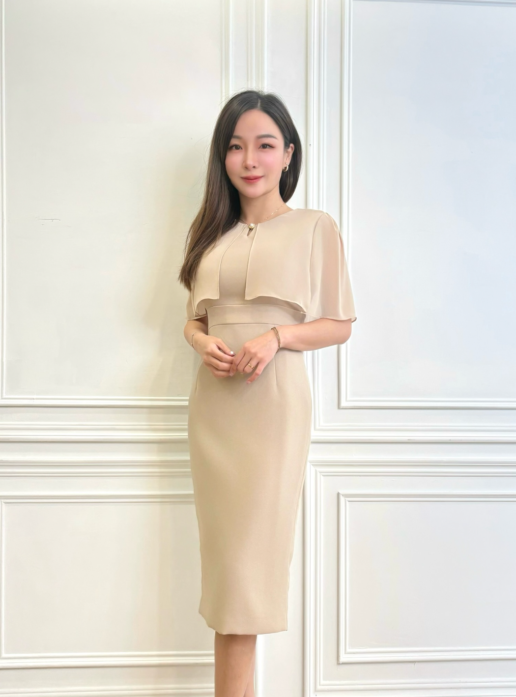 女主風!透紗斗篷珍珠合身洋