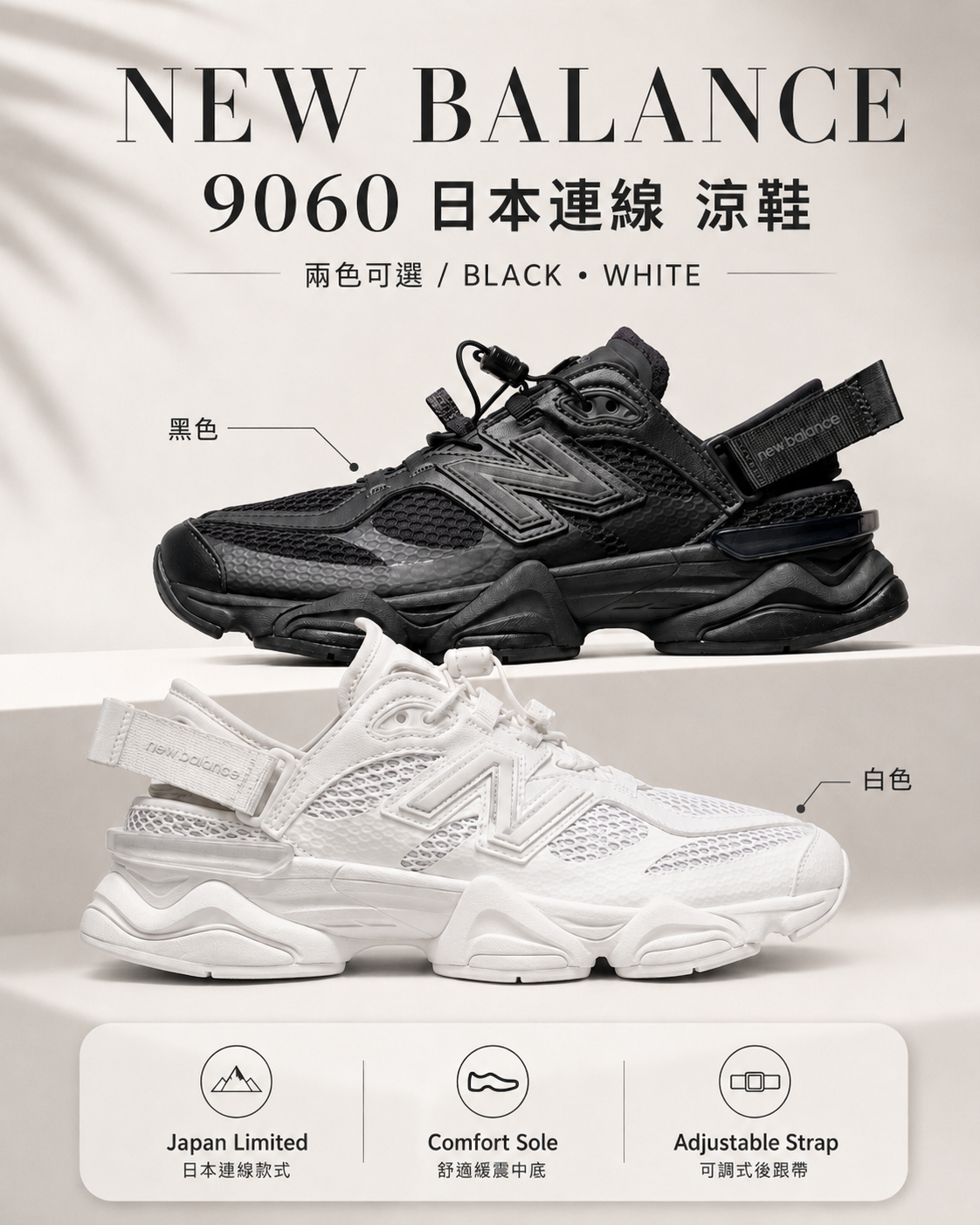 【日本限時連線代購】New Balance 9060 涼鞋 U90604SC 黑色 / U90606B5 白色