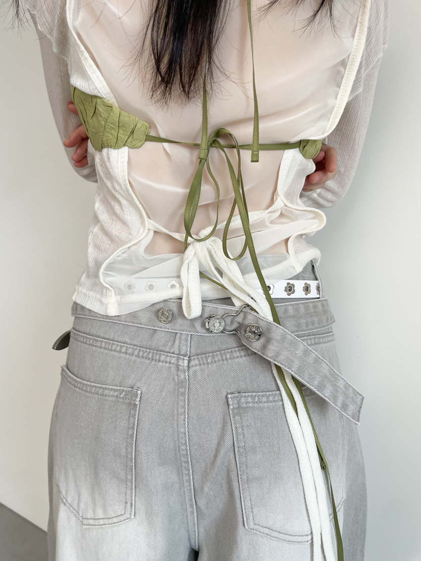 light grey washed denim with suspender buckle detail