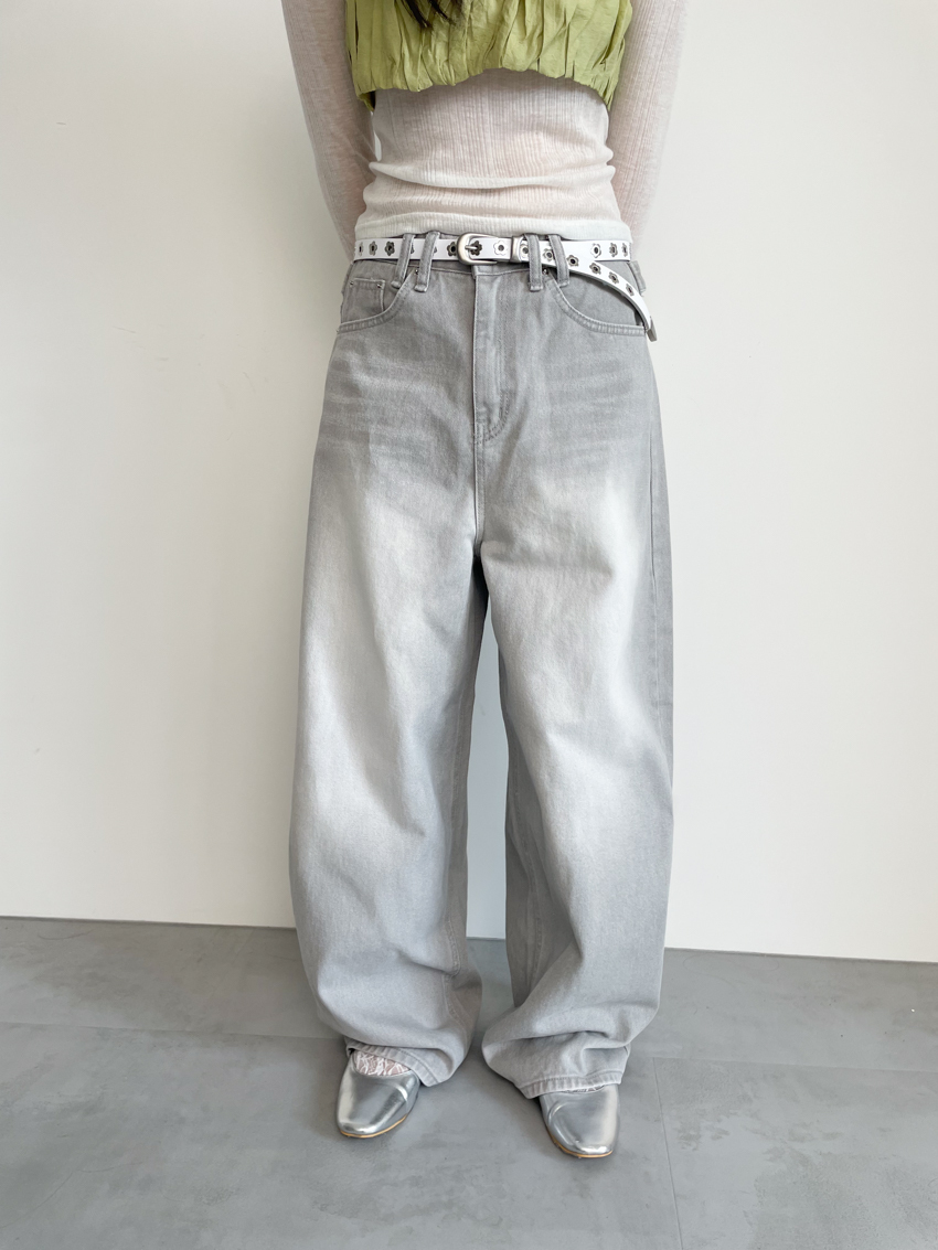 light grey washed denim with suspender buckle detail