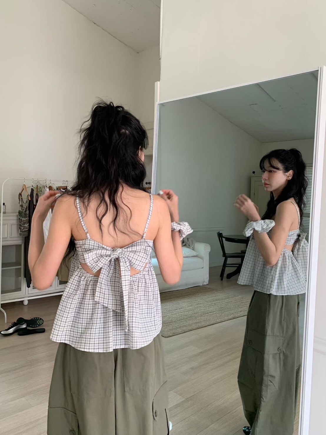 格子美背蝴蝶結附髮束背心