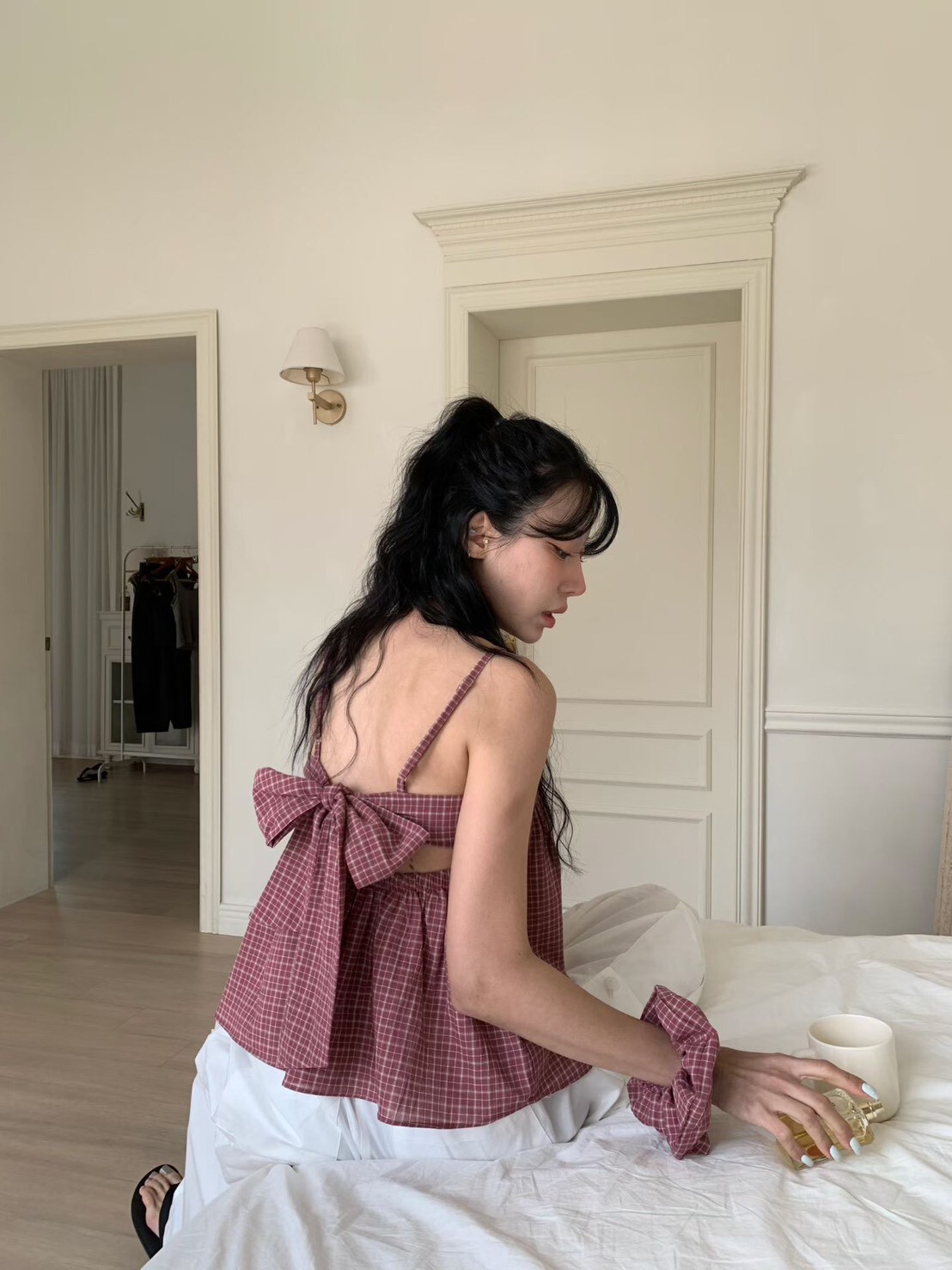 格子美背蝴蝶結附髮束背心