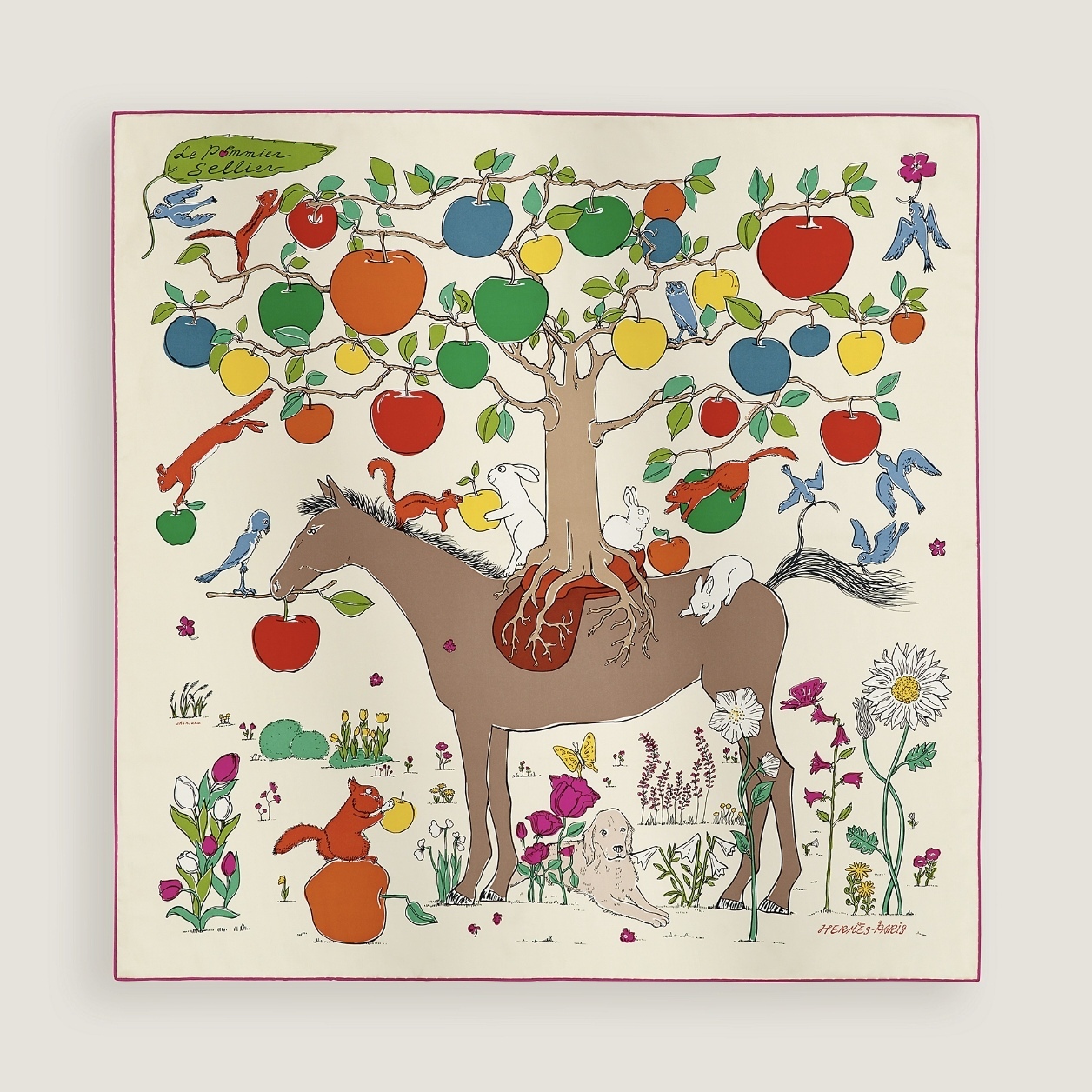 HERMES Le Pommier Sellier scarf 90 crème / vert / multicolore