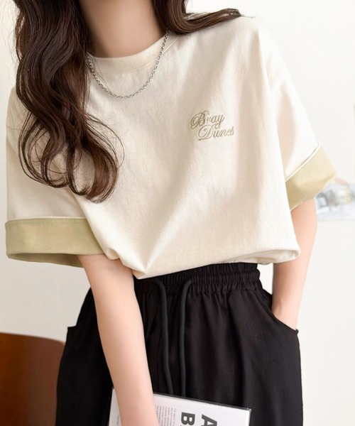 日本🇯🇵連線 JAVA 胸前刺繡撞色袖子短T 寬鬆 刺繡 落肩 短袖 T恤 5色(任買兩件711免運)/預購