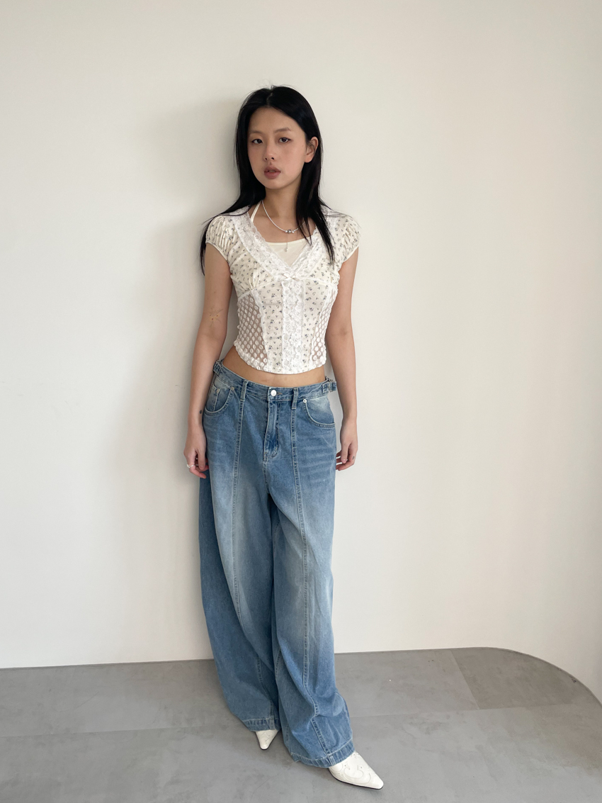 faded center seam adjustable waist wide denim