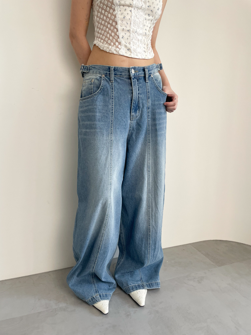 faded center seam adjustable waist wide denim