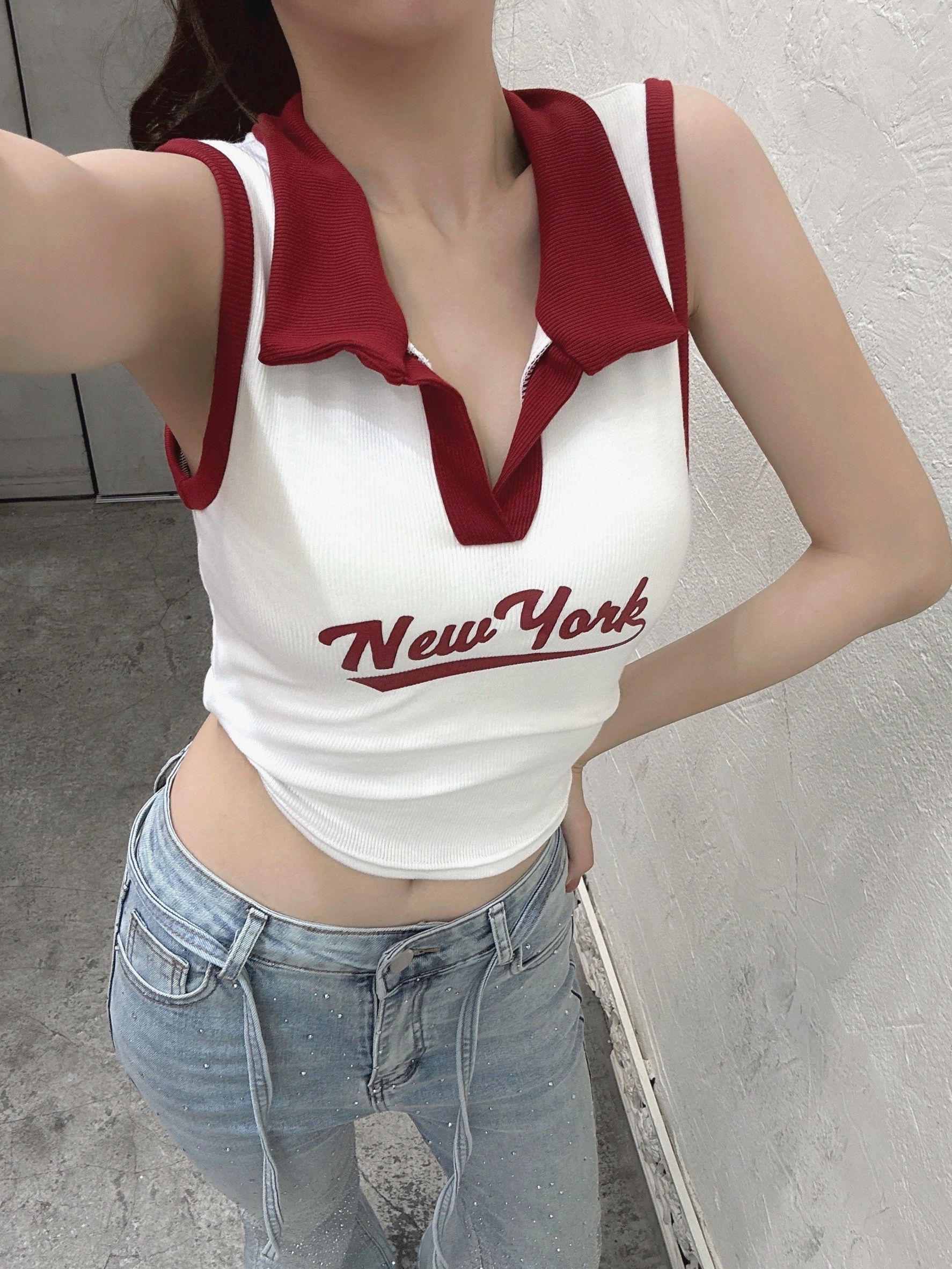 NY配色小領子無袖上衣