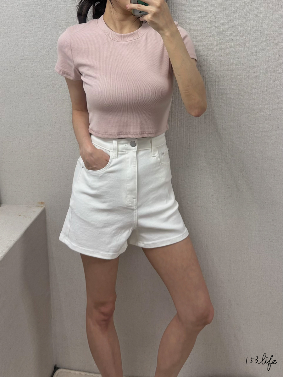 單釦牛仔白彈性高腰短褲(S-XL)