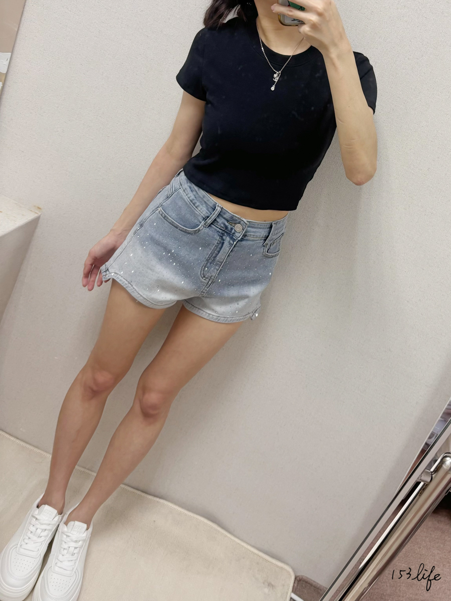 閃鑽高腰辣妹牛仔短褲S-XL(2色)