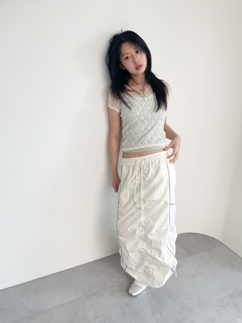 side stripe ruched slit nylon sporty maxi skirt
