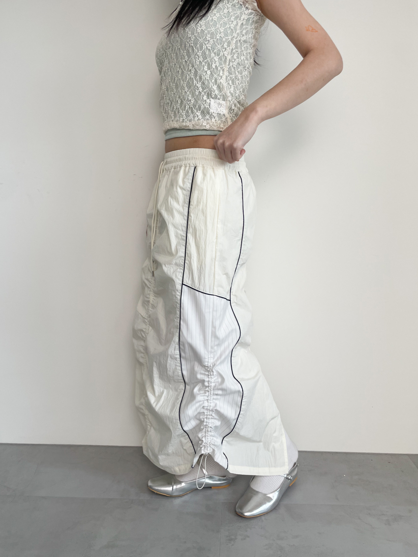 side stripe ruched slit nylon sporty maxi skirt