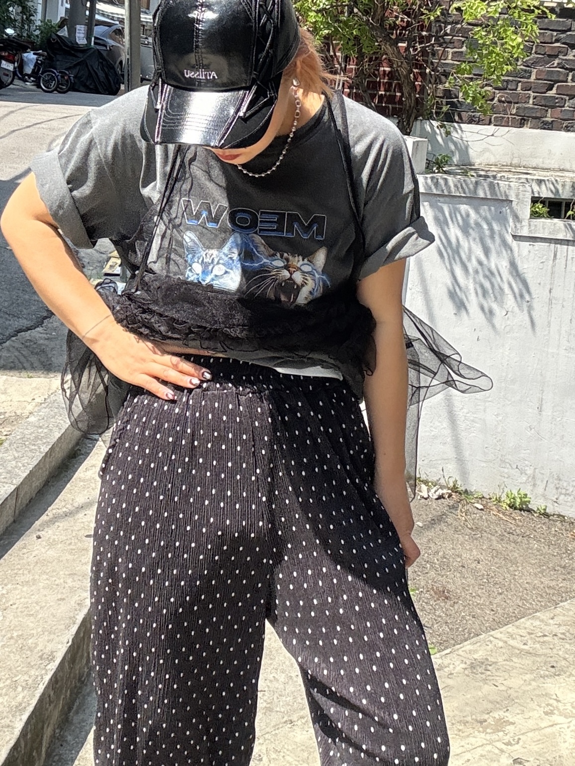 黑色波點褶褶褲