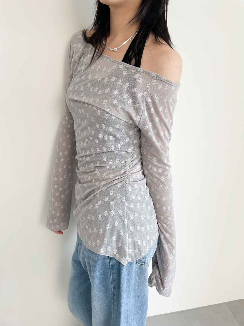 floral lace sheer wide-neck ruched waist long sleeve top
