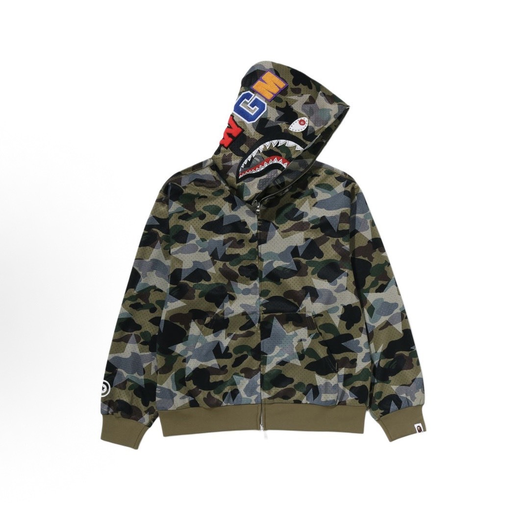 -(B2b03)-A BATHING APE BAPE STA OVER PRINT 1ST CAMO MESH SHARK CROPPED FIT FULL HOODIE 水鑽 流星 迷彩 壓印 鯊魚外套 綠色-1M30115310