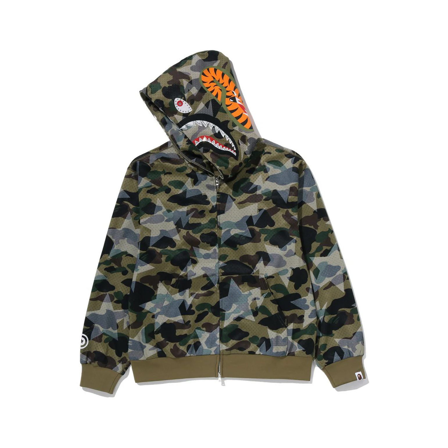 -(B2b03)-A BATHING APE BAPE STA OVER PRINT 1ST CAMO MESH SHARK CROPPED FIT FULL HOODIE 水鑽 流星 迷彩 壓印 鯊魚外套 綠色-1M30115310