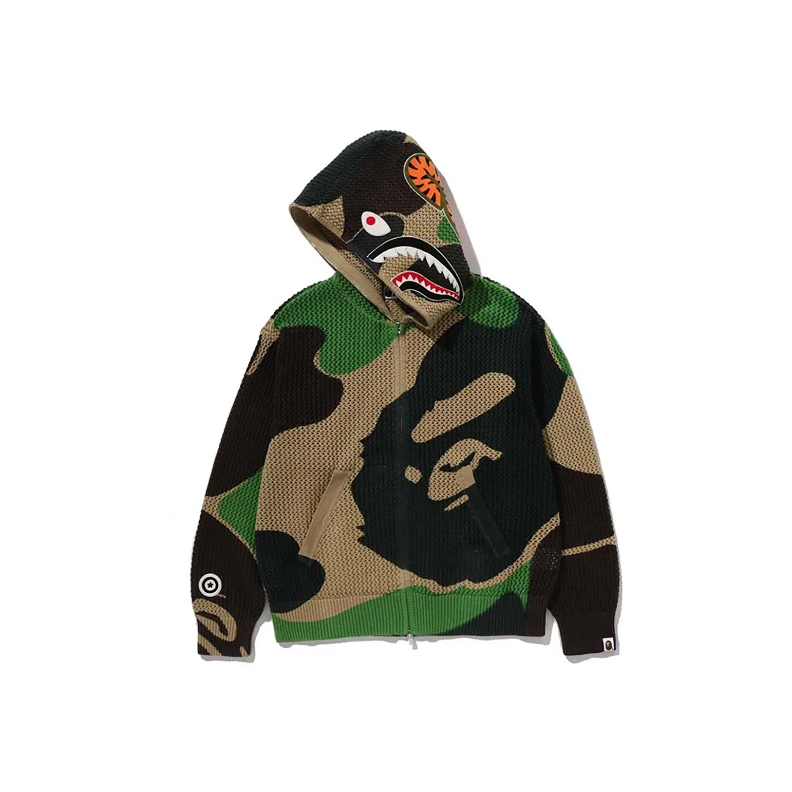 A BATHING APE BAPE ABC CAMO CROCHET SHARK RELAXED FIT FULL ZIP HOODIE 迷彩 針織 鯊魚外套 綠色-001HTL731907C