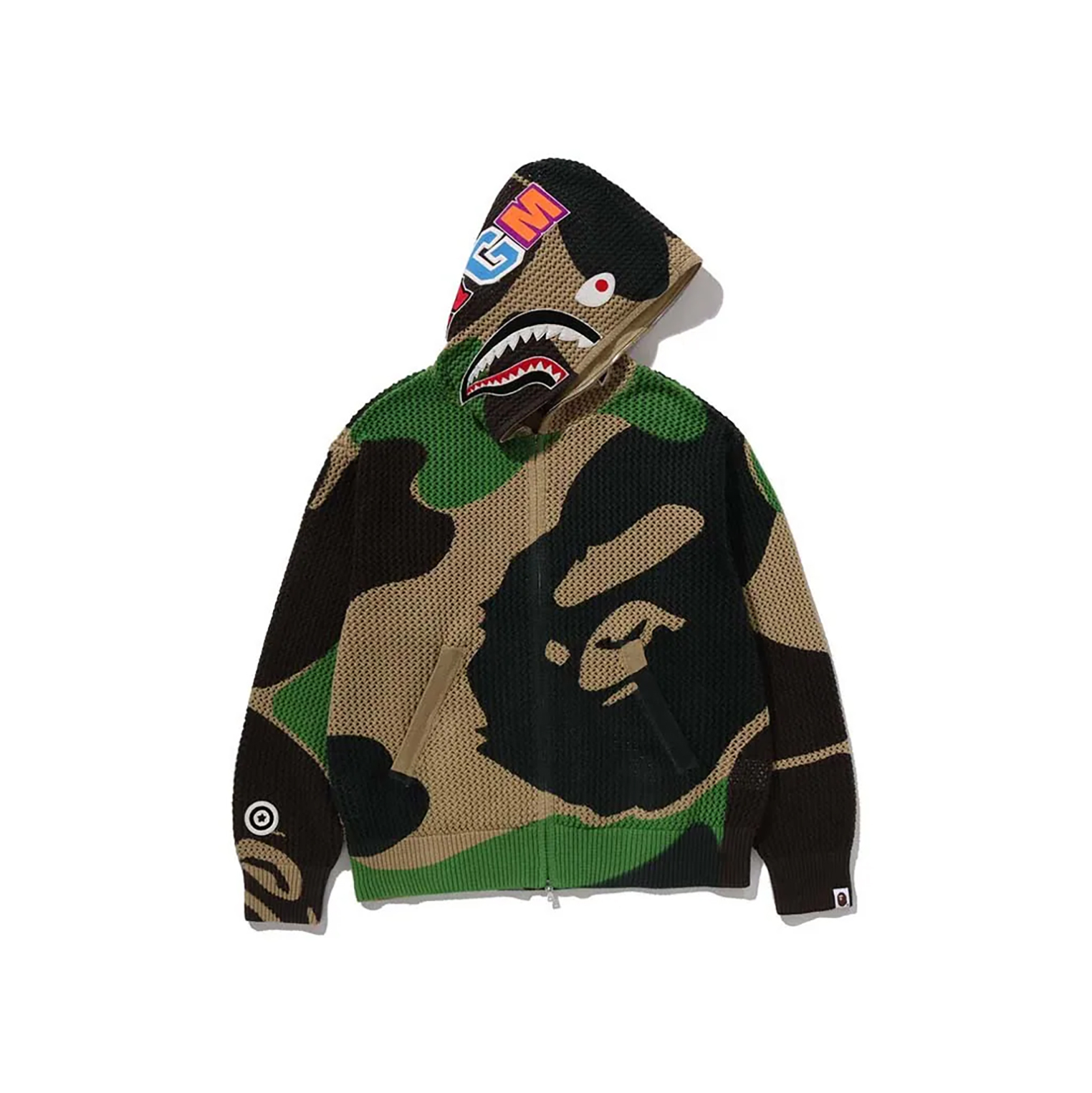 A BATHING APE BAPE ABC CAMO CROCHET SHARK RELAXED FIT FULL ZIP HOODIE 迷彩 針織 鯊魚外套 綠色-001HTL731907C