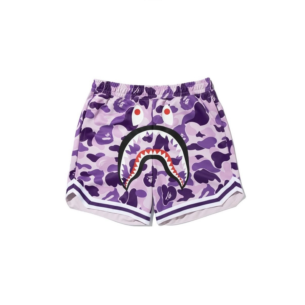 -(B5b04)-A BATHING APE BAPE 19TH ANNIVERSARY SHARK SHORTS台北19週年 限定 鯊魚 短褲 紫色-001SPM221301M