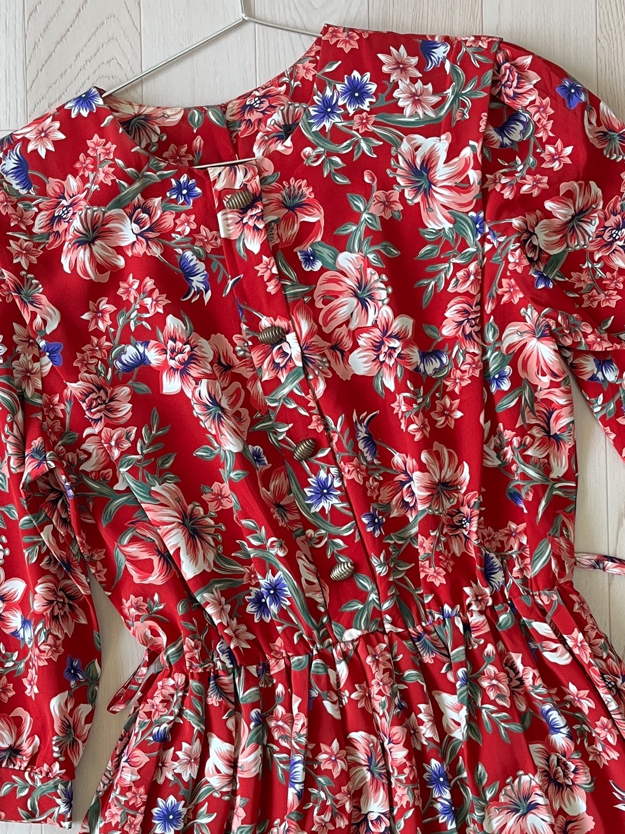 美國製紅色花卉古著連身裙