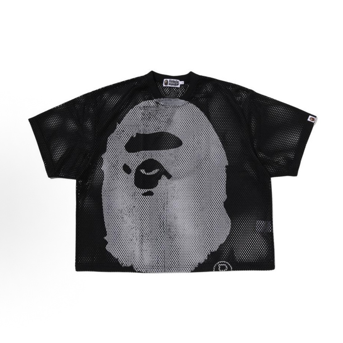 -(B3b01)-A BATHING APE BAPE WATER PRINT APE HEAD MESH RELAXED FIT TEE 洞洞 猿人頭 壓印 短袖 罩衫 黑色/白色-1M30109322