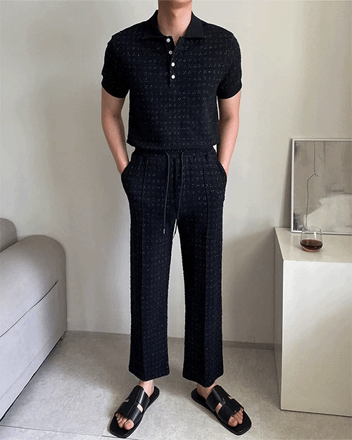 Metallic tweed collar short-sleeved T-shirt