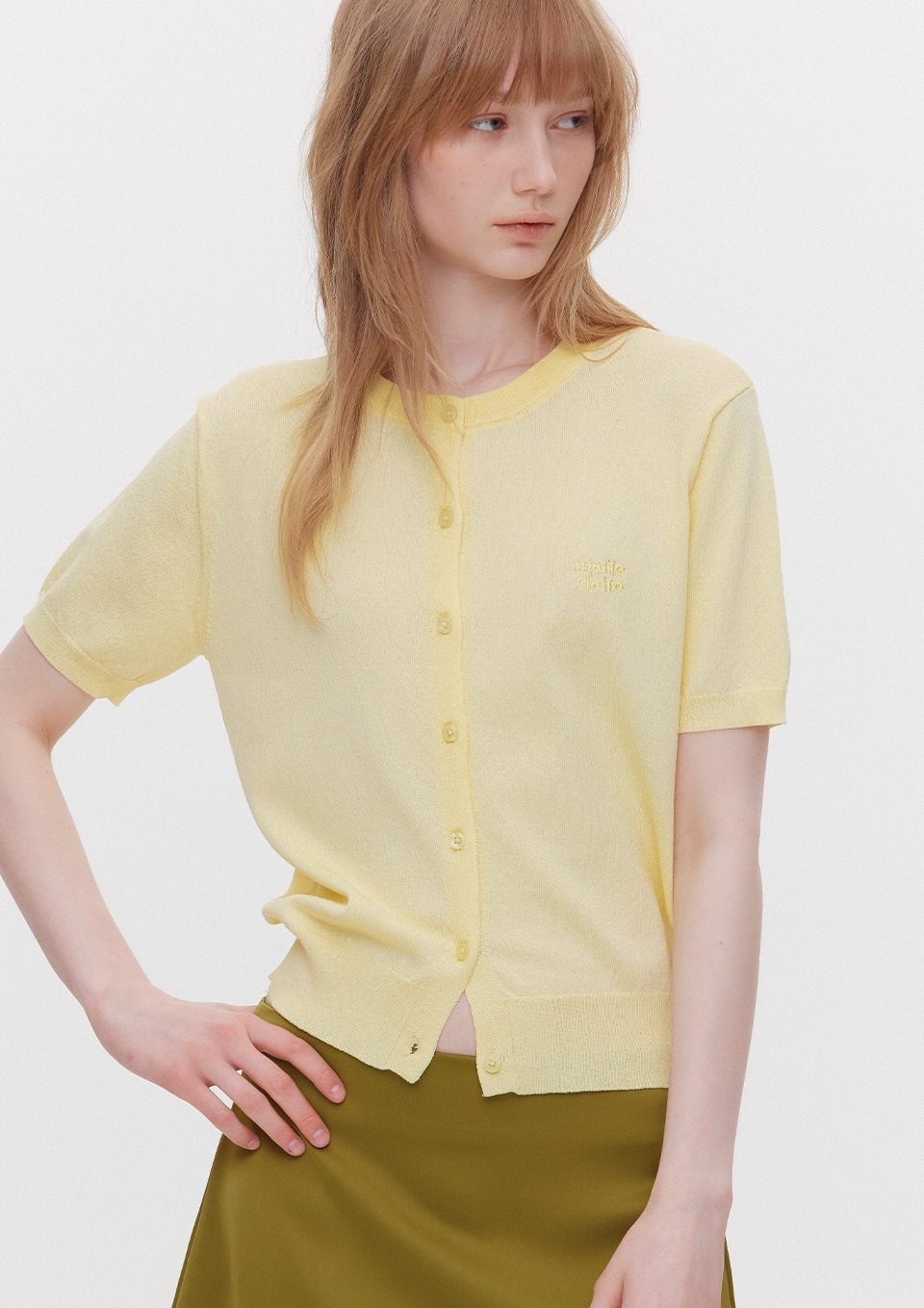 Marie Claire｜Basic logo round short-sleeve cardigan (4colors)