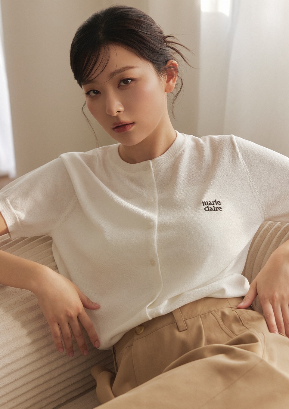 Marie Claire｜Basic logo round short-sleeve cardigan (4colors)